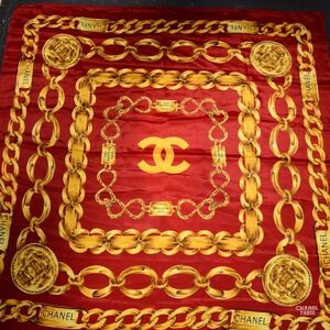 Vintage Chanel Scarf Womens Red Silk Square Chain Logo Print France 34x34 Rue